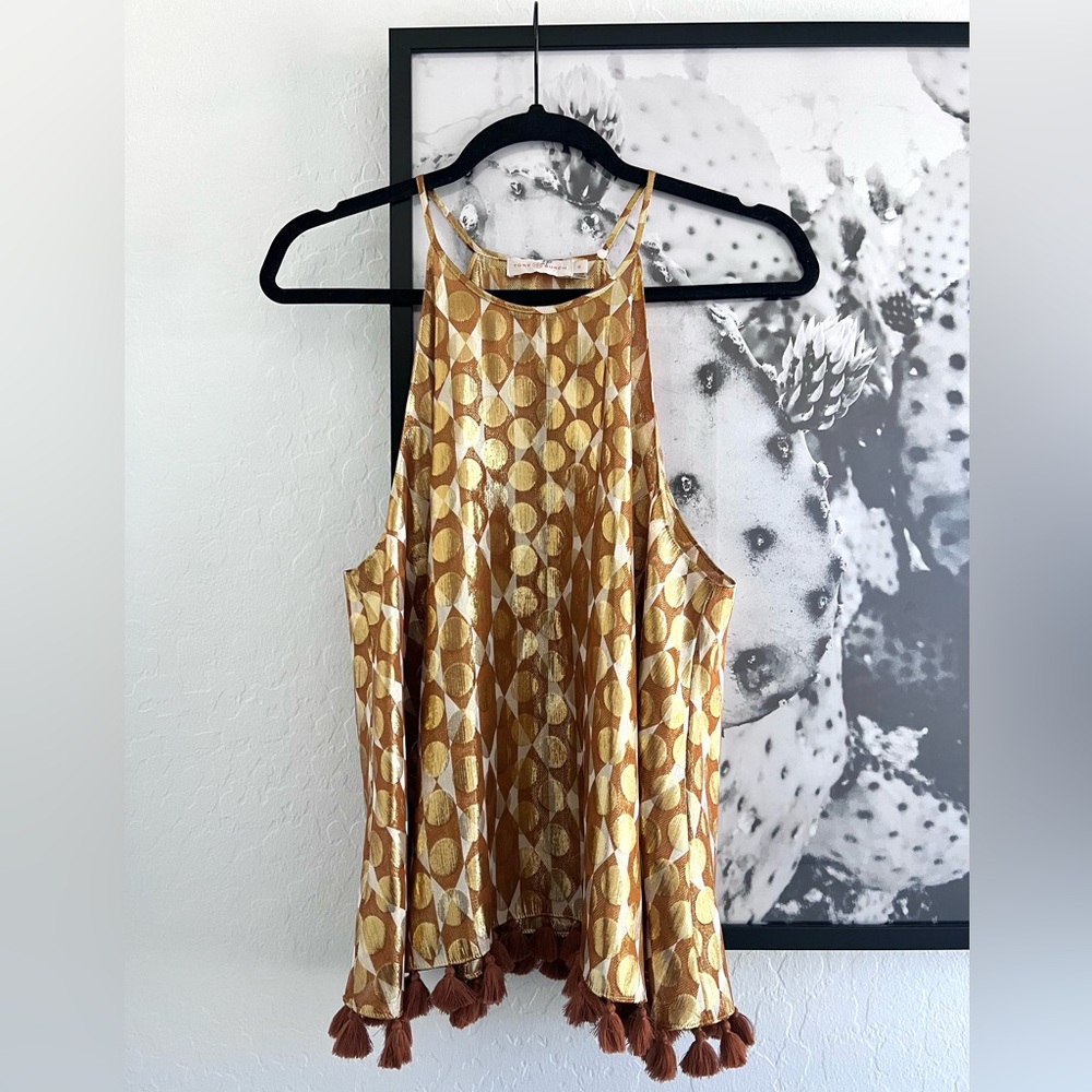Tory Burch Gold and Brown Tassel Hem Sleeveless Blouse
